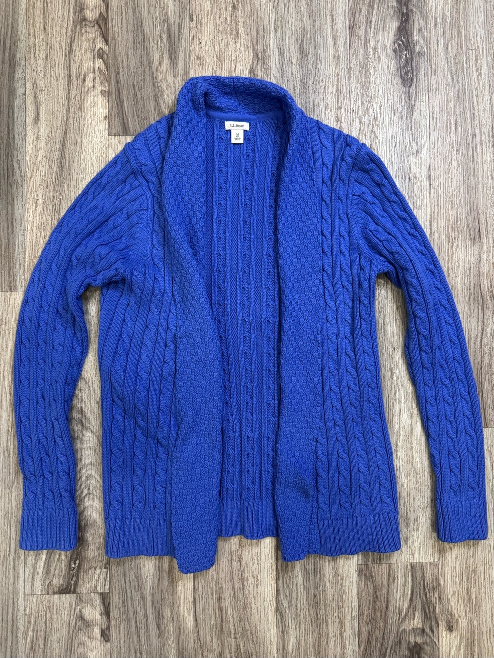 L.L.Bean Women’s M Blue Cable Knit Open Front Cardigan 100% Cotton Sweater